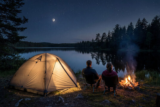 Digital detox camping with a couple beside a moonlit lake. The tent, campfire, and quiet shoreline frame outdoor rest and recharge.