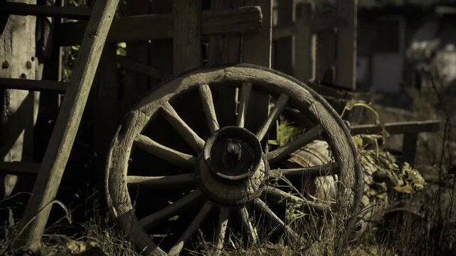 An aged wooden wheel leans against a weathered shed, surrounded by tall grass and vibrant plants. The setting evokes a sense of nostalgia and the beauty of rural life.