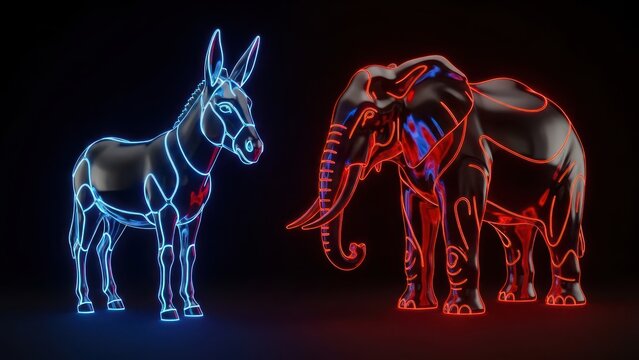 Symbolic representation of diverging ideologies through contrasting animalistic figures with neon