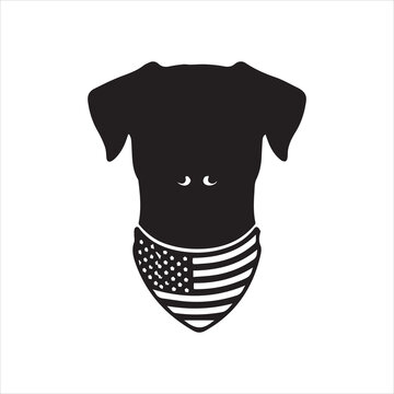 Patriotic dog with American flag bandana silhouette vector illustration. Pet wearing stars and stripes flat design. Independence day graphic element isolated on transparent ....eps