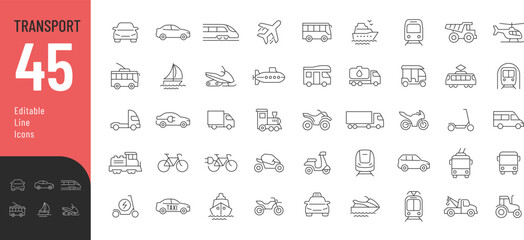 Fototapeta na wymiar Transport Line Editable Icons set. Vector illustration in a modern thin line style of vehicle related icons: cars, trucks, public transport, and more. Isolated on transparent background. 