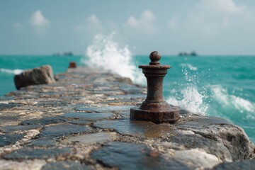 Fototapeta premium Rusty metal bollard on stone pier with splashing ocean waves and turquoise sea background