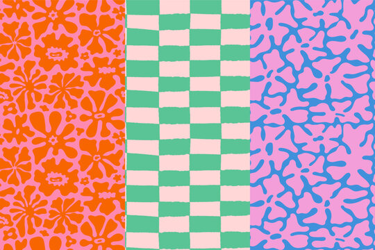 Vector hand drawn seamless pattern in simple doodle sketchy floral wavy and groovy naive style, dopamine and cottage core aesthetic, abstract backgrounds for spring  and summer prints