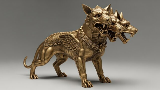 Mythical three headed dog creature sculpture with golden textured details artwork