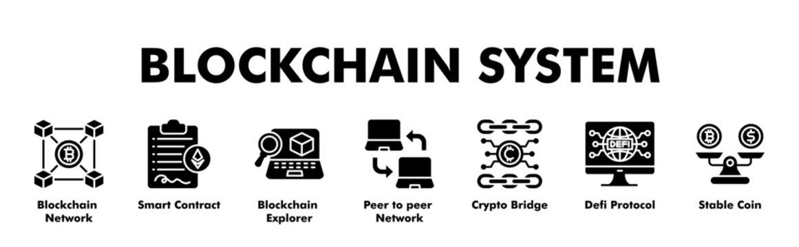 BLOCKCHAIN SYSTEM web banner icon vector illustration concept for business with icon of Blockchain Network, Smart Contract, Blockchain Explorer, Peer to peer Network, Crypto Bridge, Defi Protocol.