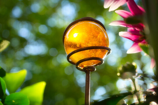Decorative Orange Glass Garden Globe Held by a Metal Spiral in Sunlight