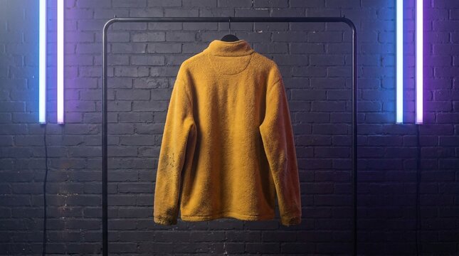 Warm fleece pullover in bright mustard yellow hanging casually on thin metal rail against dark moody brick wall illuminated by neon lights.