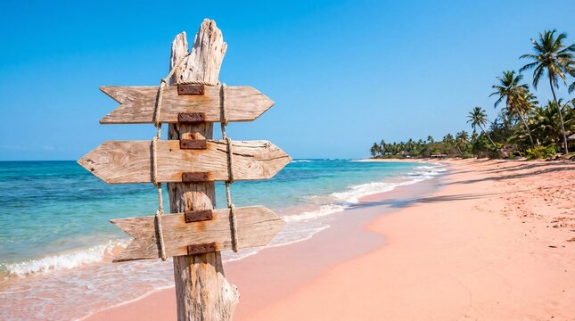 Weathered beach signage made of rustic driftwood pointing in three directions on stunning pink sand beach against vibrant turquoise ocean.