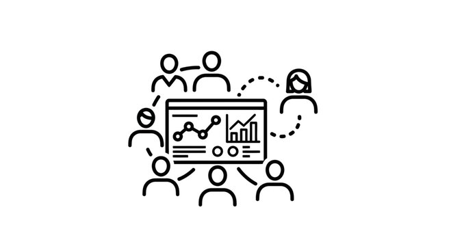 Teamwork and data analysis meeting with charts and graphs on screen, business strategy concept