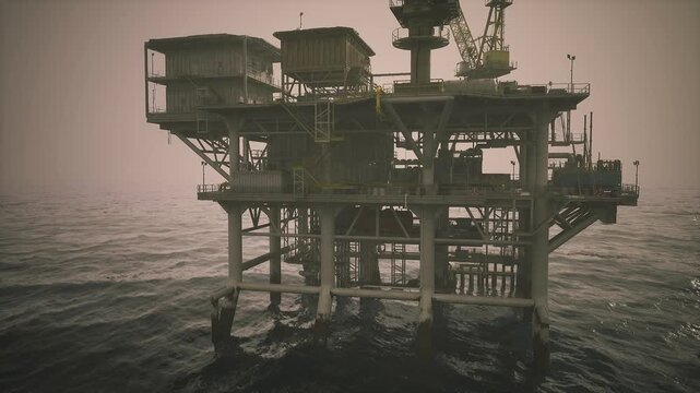 Golden hour oil rig deck bathed in warm light, empty walkways and ladders visible, detailed access points and equipment highlighted, mood of pending maintenance