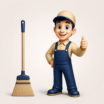 upright cleaner mascot with tall broom bucket on minimal studio backdrop