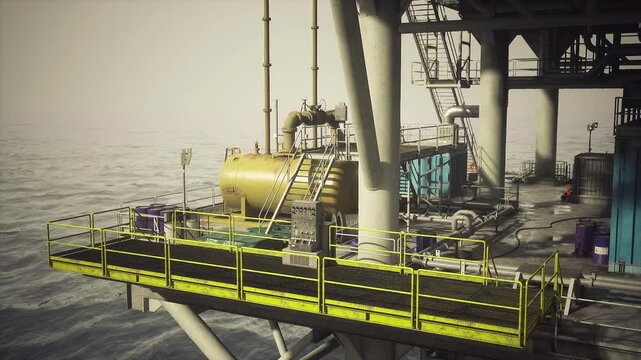 Lighting mast equipment on oil rig, floodlights and antenna array above yellow walkway, sensor boxes and cables visible, technical infrastructure for readying