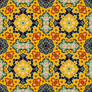 Traditional oriental damask pattern with yellow background and green floral elements seamless art.