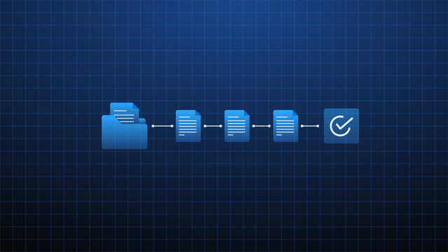 Digital document processing workflow with file management, data validation and approval automation.