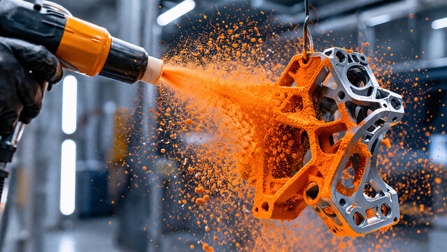Industrial spray gun applying bright orange powder coating to a metal part.