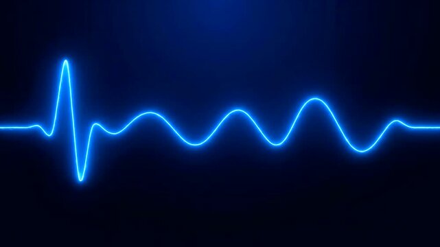 Blue neon electrocardiogram on black.