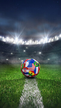 textured soccer game field with soccer ball covered with multiple national flags in neon fog - center, midfield. Large, vertical panoramic banners.