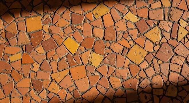 Rustic terracotta mosaic floor with irregular orange tile pieces