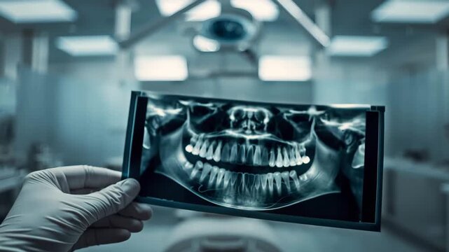 白手袋の歯科医師が歯のレントゲン写真を掲げる