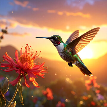 Hummingbird flight flower sunset