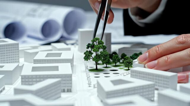 Architect Hand Placing Miniature Green Tree with Tweezers into White Scale City Model