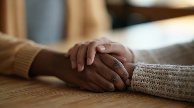 Close detail of two hands clasped across a cafeteria table, one belonging to a teenage girl reporting workplace harassment to a trusted female manager, the single object of their interlocked grip co