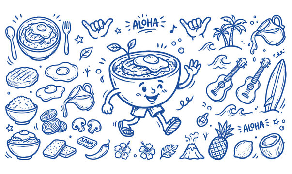Vintage Hawaiian Loco Moco Mascot and Tropical Comfort Food Diner Culinary Doodle Set