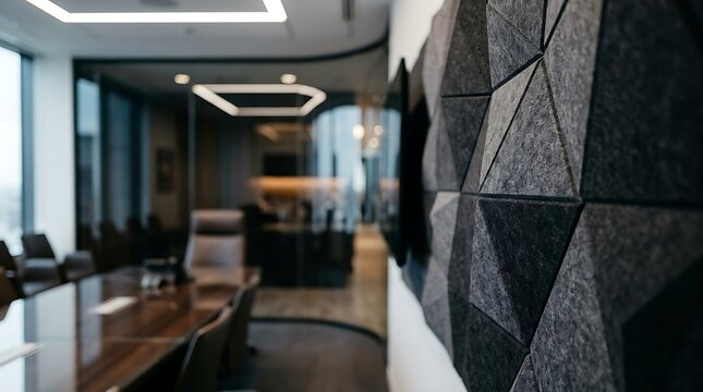 Modern office meeting room with acoustic wall panels and wooden furniture in professional setting