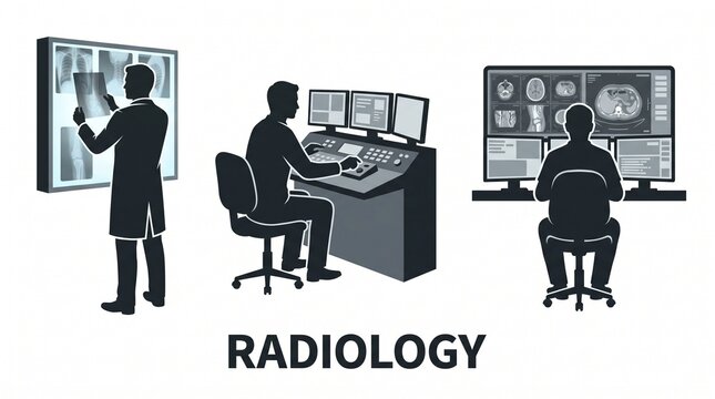 Radiology medical imaging professionals at work with x-rays and scan monitors