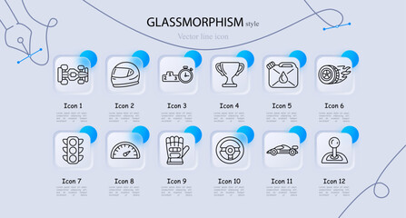 Motorsport set icon. Race car, helmet, podium timer, trophy cup, fuel canister, speed tire, traffic light, speedometer, racing glove, steering wheel, formula vehicle, gear shifter © Anastasia