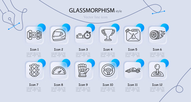 Motorsport set icon. Race car, helmet, podium timer, trophy cup, fuel canister, speed tire, traffic light, speedometer, racing glove, steering wheel, formula vehicle, gear shifter