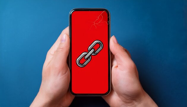 hands firmly hold a smartphone displaying a red screen with a broken chain link symbol