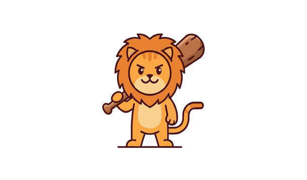 Cute cartoon lion character as ancient Greek hero Hercules holding a wooden club illustration
