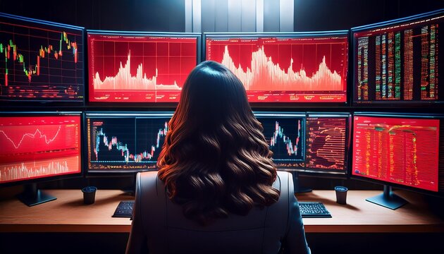 a lone trader observes multiple computer screens displaying volatile red stock market graphs in a dark room