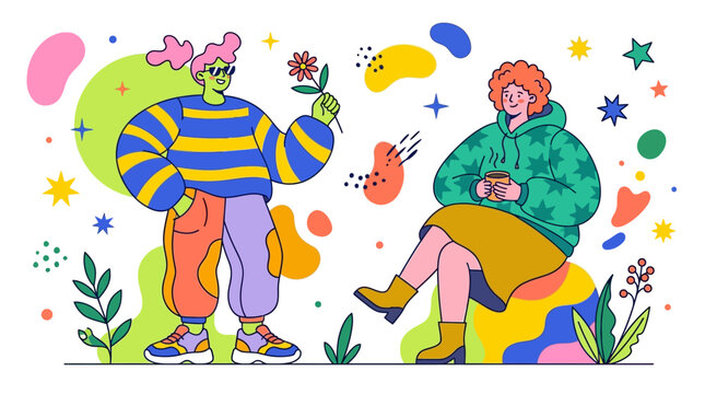 Two cartoon people chatting casually outside.