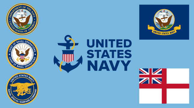 United States Navy insignia and flags.