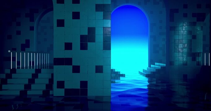 Abstract 3D animation of a mystical glowing blue archway leading into a bright luminous portal, surrounded by tiled walls and reflective floors in a surreal digital environment.