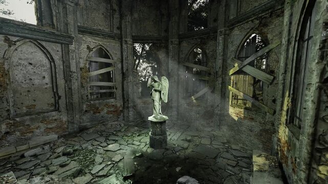 In a desolate chapel, light filters through broken windows, illuminating a lone angel statue. Crumbling stone and overgrown foliage surround the figure, enhancing its ethereal presence.