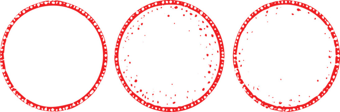 Three red circular rubber stamps isolated on white background
