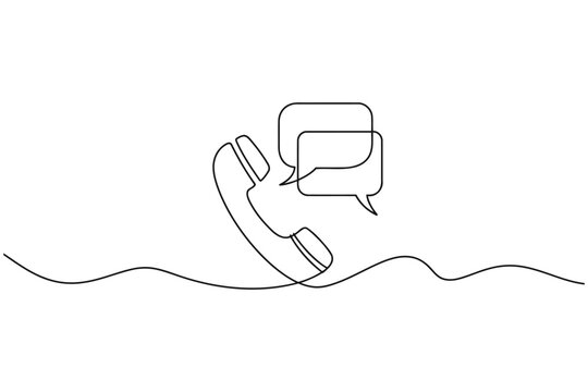 Vintage phone handset with chat bubbles in a continuous line drawing style speech bubble line art white background black and white single telephone communication conversation dialogue