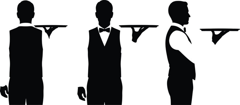 Waiter silhouette set holding serving tray in restaurant service positions