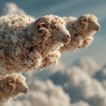Fluffy white rams with curled horns floating gracefully among the soft clouds in this photo
