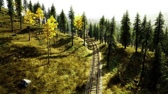 Overgrown rail tracks winding through pines and grassy slope, mosscovered sleepers and scattered boulders under warm glare quiet, contemplative mood with hints