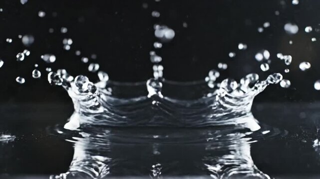 Mesmerizing slow motion capture of a water droplet creating a beautiful crown shape splash against a dark background.