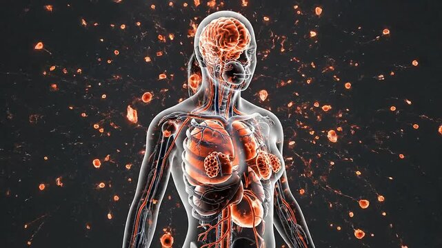 Anatomical Visualization Of Human Immune Response During Fever With Transparent Body And Glowing Effects In 4K Quality