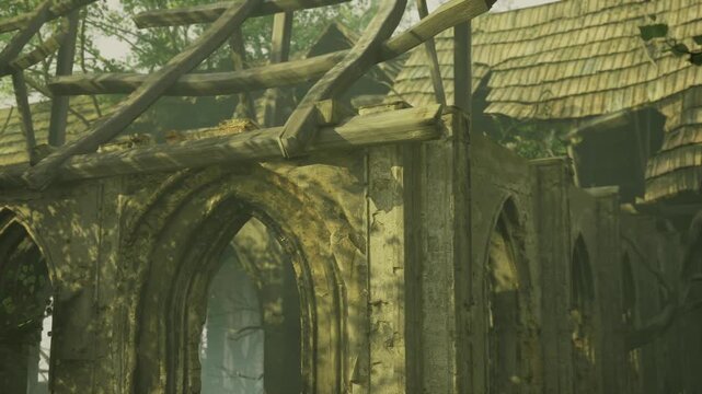A dilapidated structure stands silently as nature weaves through its cracked walls and broken roof. Sunlight filters through trees, highlighting the passage of time.