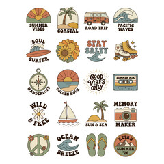 Summer vacation stickers with a retro vibe and beachy themes for travel and leisure © srazimarts