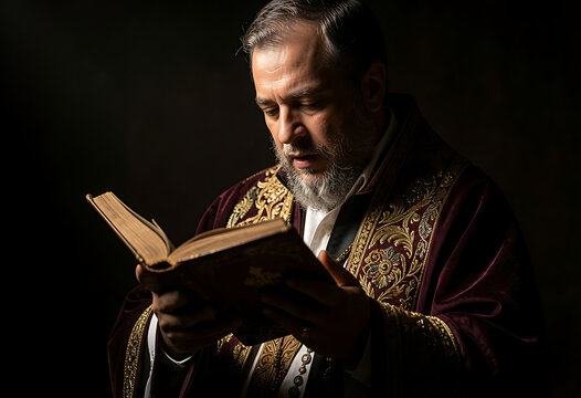Bearded religious leader in black robe and hat reading scripture