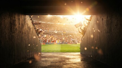 Fototapeta premium Dramatic view from a dark stadium tunnel looking out to a bright soccer field with cheering fans.