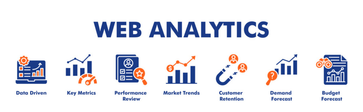 WEB ANALYTICS web banner icon vector illustration concept for business with icon of Data Driven, Key Metrics, Performance Review, Market Trends, Customer Retention, Demand Forecast.